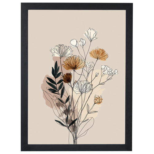Soft Petals line art print, wildflowers with ochre petals, in a black frame