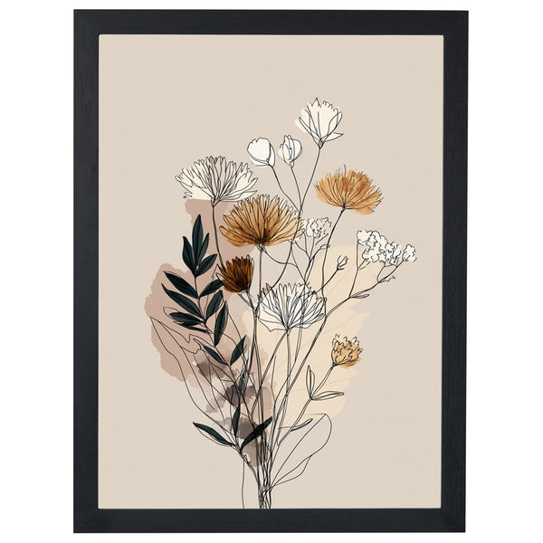 Soft Petals line art print, wildflowers with ochre petals, in a black frame