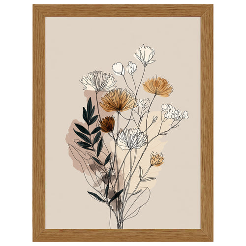 Soft Petals line art print, wildflowers with ochre petals, in an oak-effect frame
