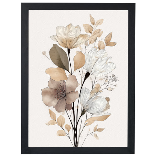 Autumn Bouquet floral print, neutral flowers in beige and brown, in a black frame