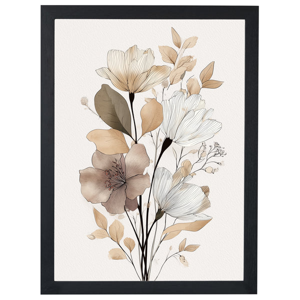 Autumn Bouquet floral print, neutral flowers in beige and brown, in a black frame