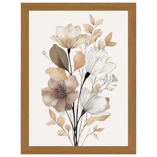 Autumn Bouquet floral print, neutral flowers in beige and brown, in an oak-effect frame