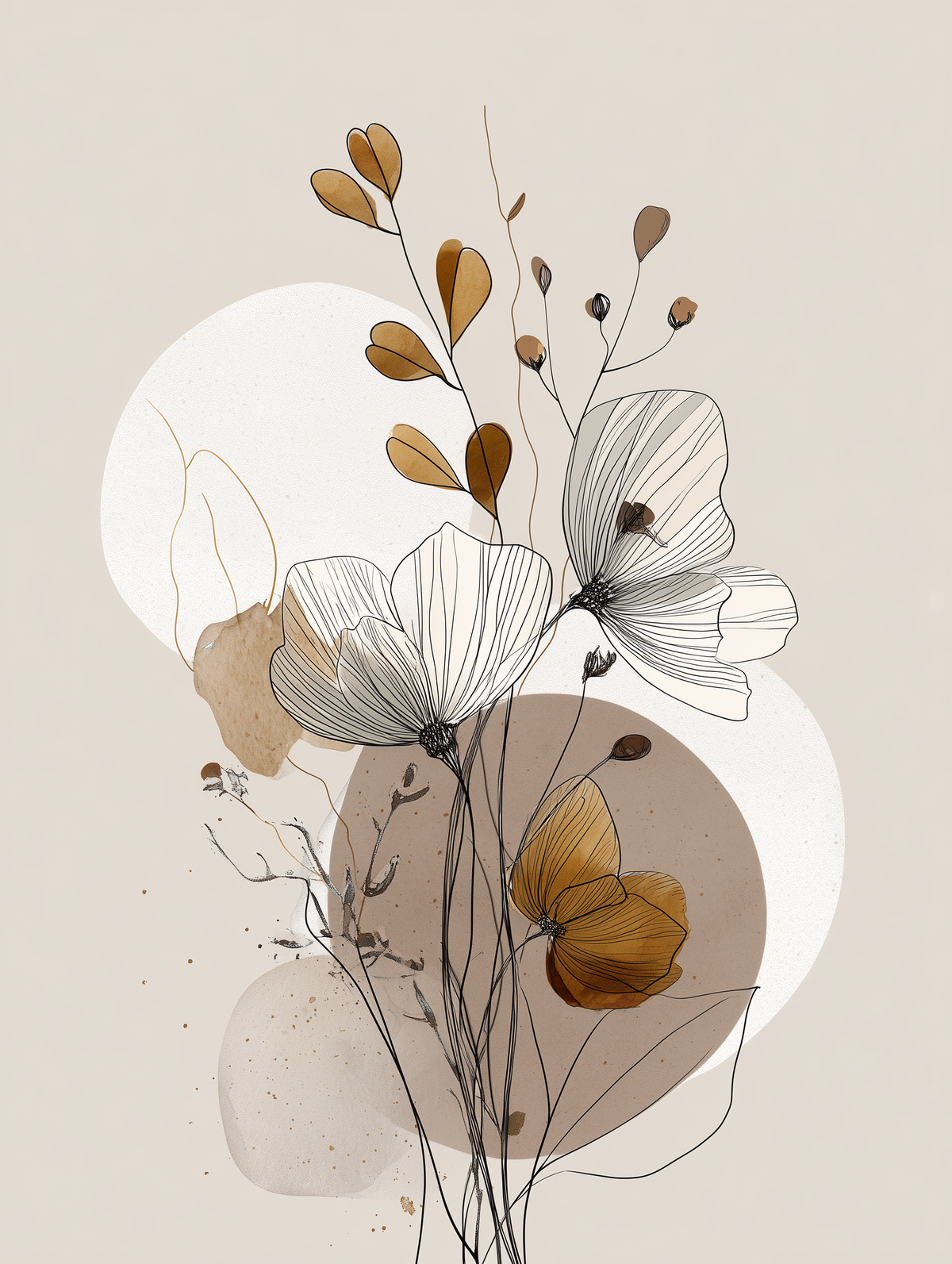 Autumn Leaves line art print, flowers over ochre and taupe circles
