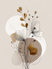 Autumn Leaves line art print, flowers over ochre and taupe circles