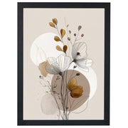 Autumn Leaves line art print, flowers over ochre and taupe circles, in a black frame