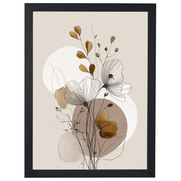 Autumn Leaves line art print, flowers over ochre and taupe circles, in a black frame