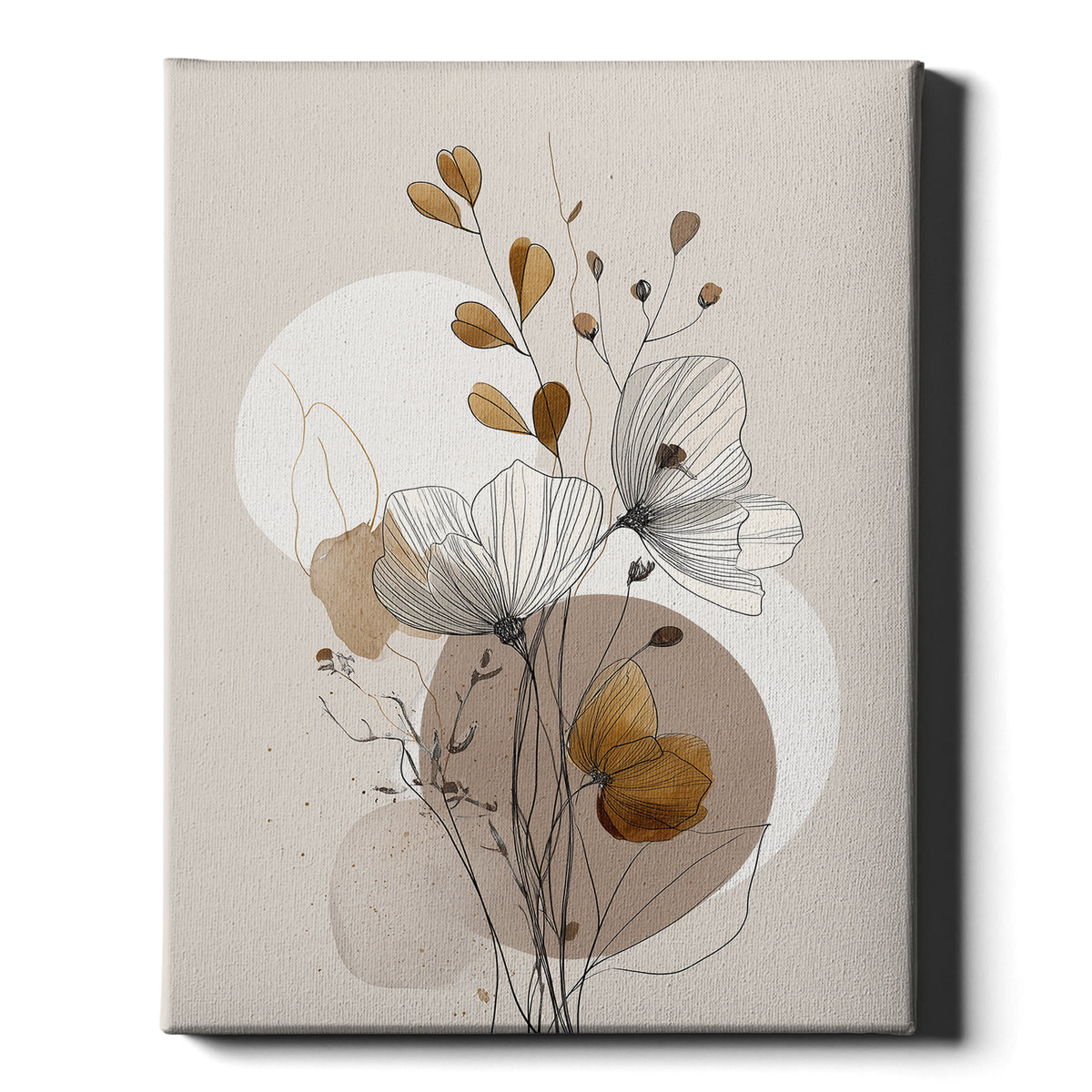 Autumn Leaves line art print, flowers over ochre and taupe circles, on wrapped canvas