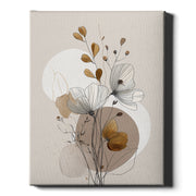 Autumn Leaves line art print, flowers over ochre and taupe circles, on wrapped canvas
