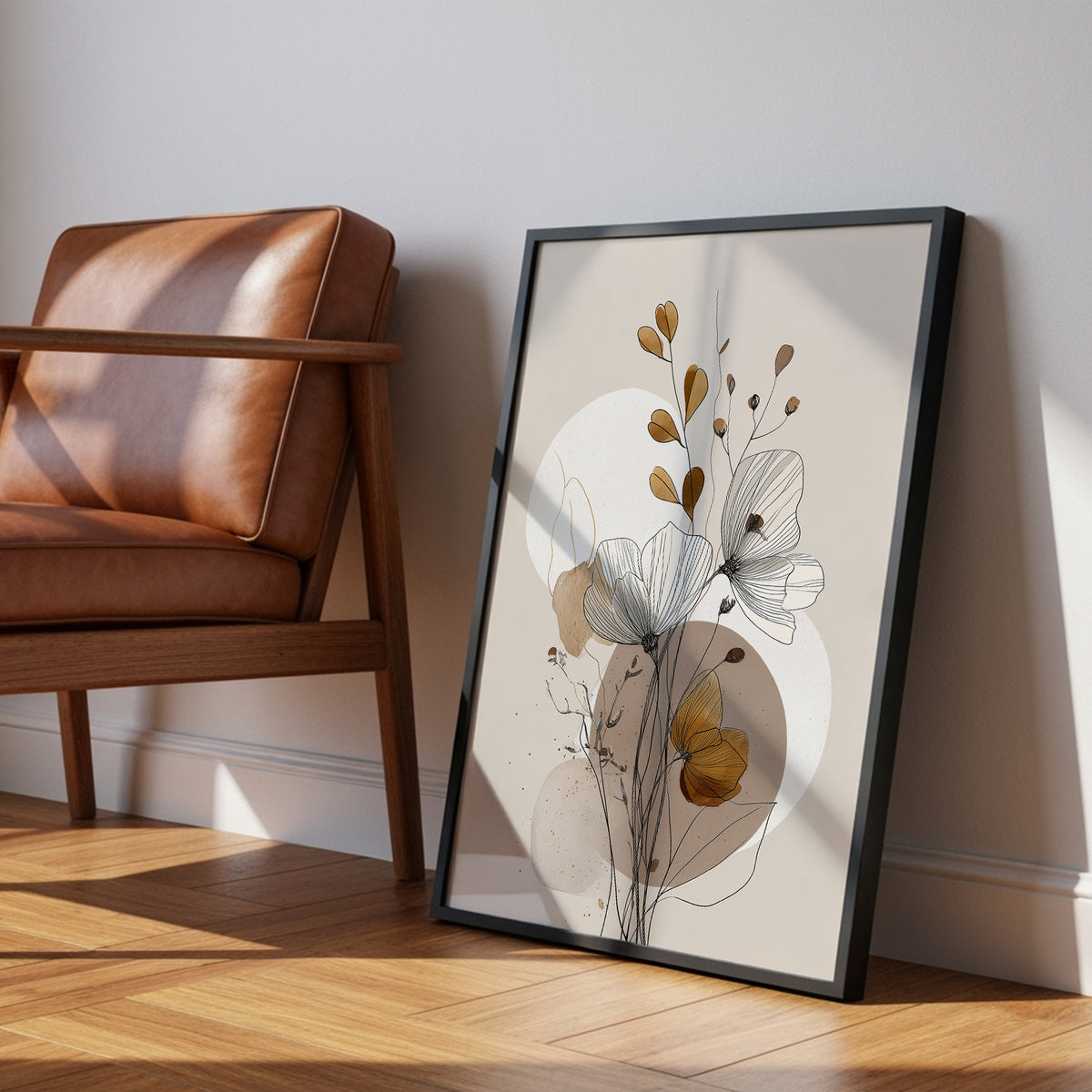 Autumn Leaves line art print, flowers over ochre and taupe circles, shown in a room