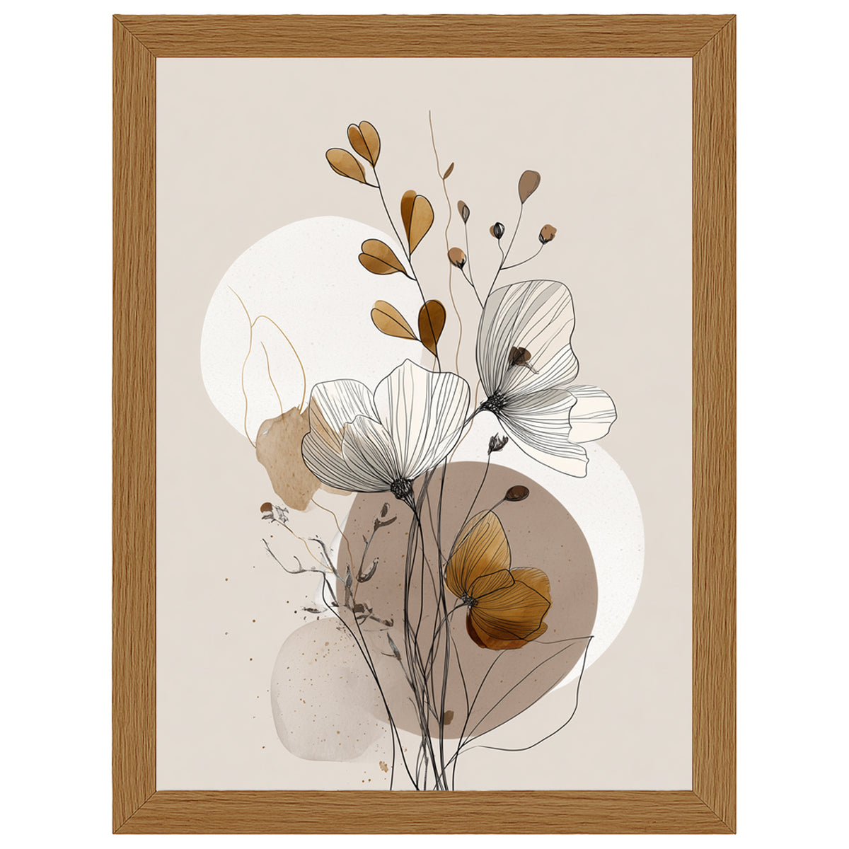 Autumn Leaves line art print, flowers over ochre and taupe circles, in an oak-effect frame