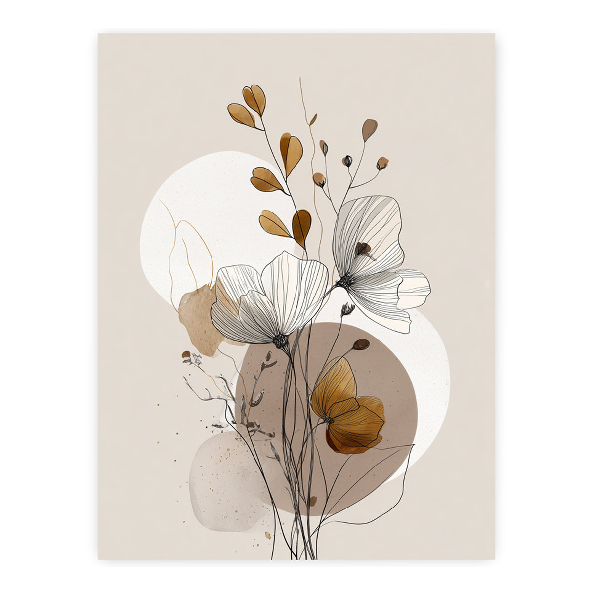 Autumn Leaves line art print, flowers over ochre and taupe circles, unframed print