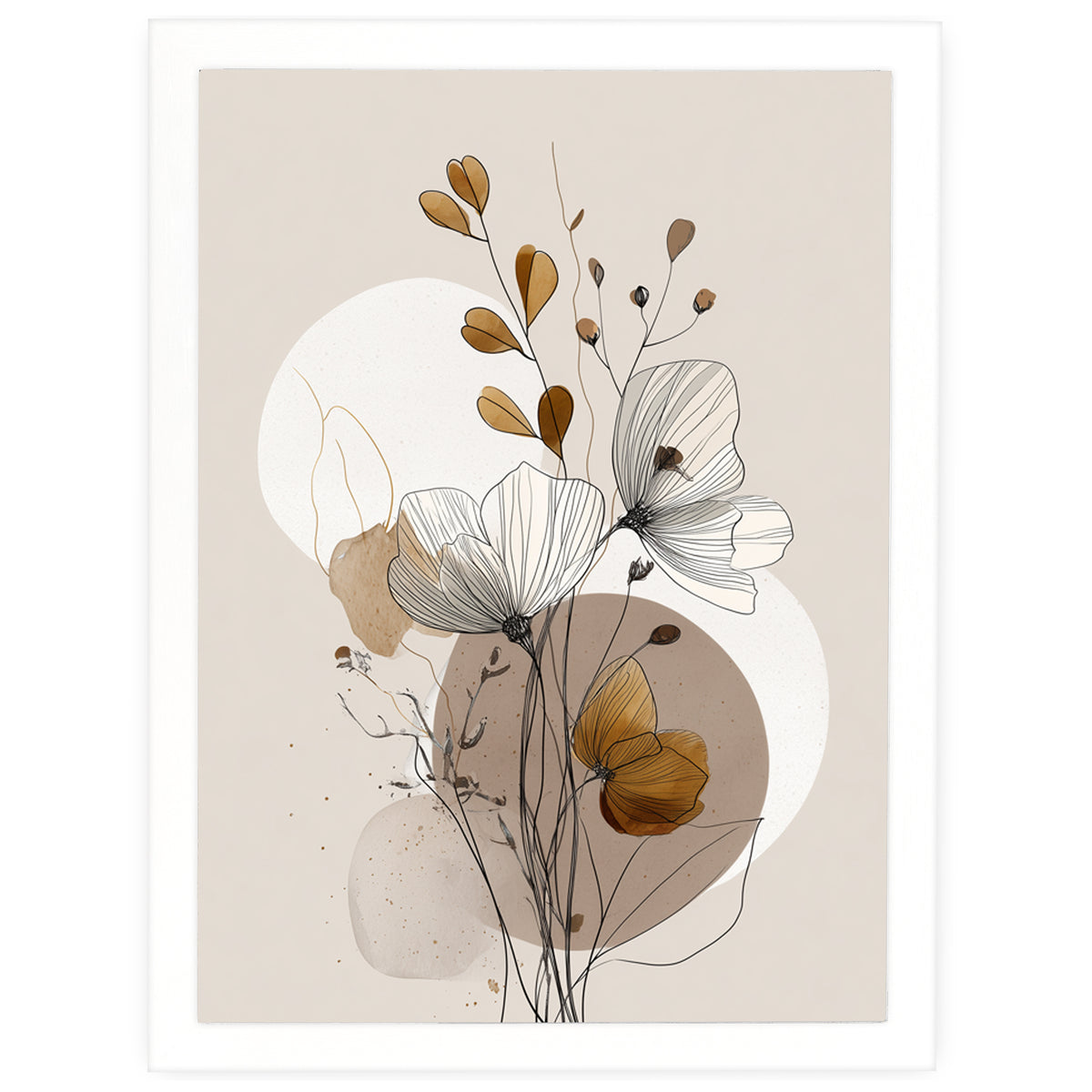 Autumn Leaves line art print, flowers over ochre and taupe circles, in a white frame