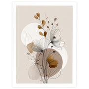Autumn Leaves line art print, flowers over ochre and taupe circles, in a white frame