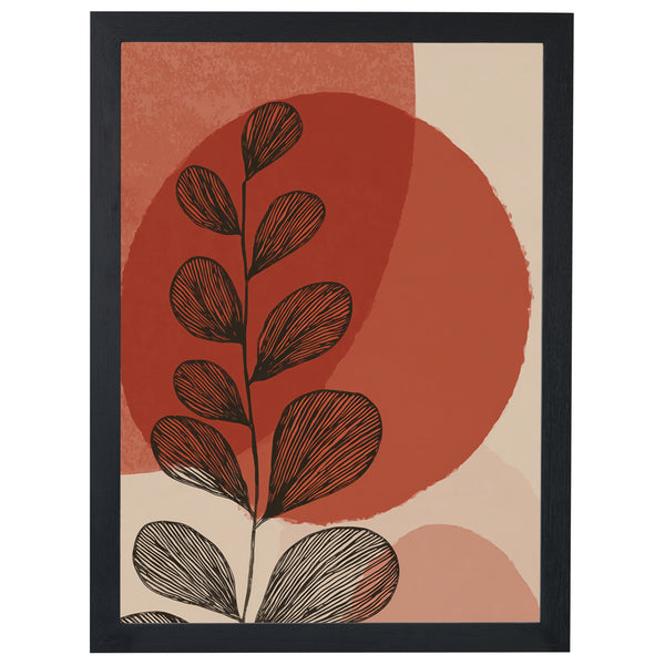 Scarlet Silhouette botanical print, leafy branch over red shapes, in a black frame