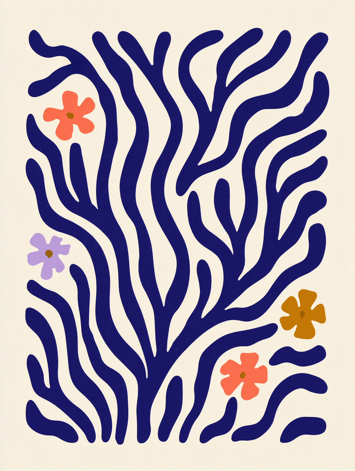 Wildflower Coral botanical print, cobalt branches with small flowers