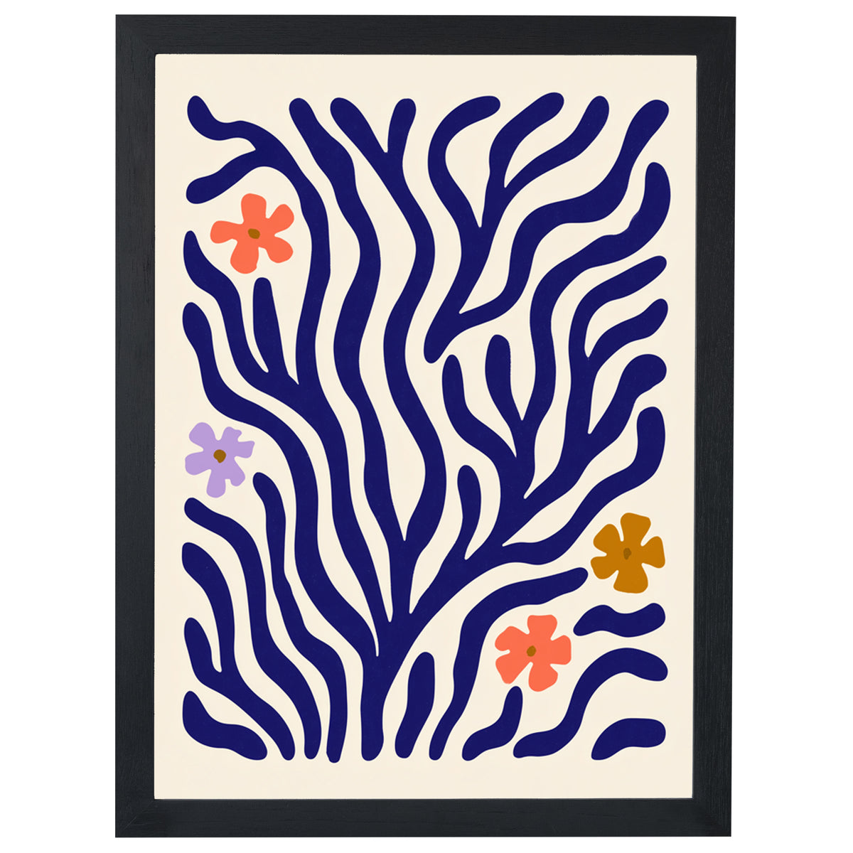Wildflower Coral botanical print, cobalt branches with small flowers, in a black frame