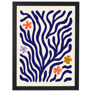 Wildflower Coral botanical print, cobalt branches with small flowers, in a black frame