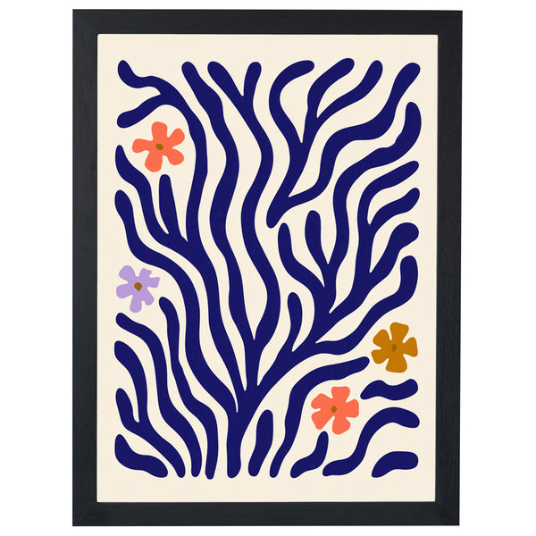 Wildflower Coral botanical print, cobalt branches with small flowers, in a black frame