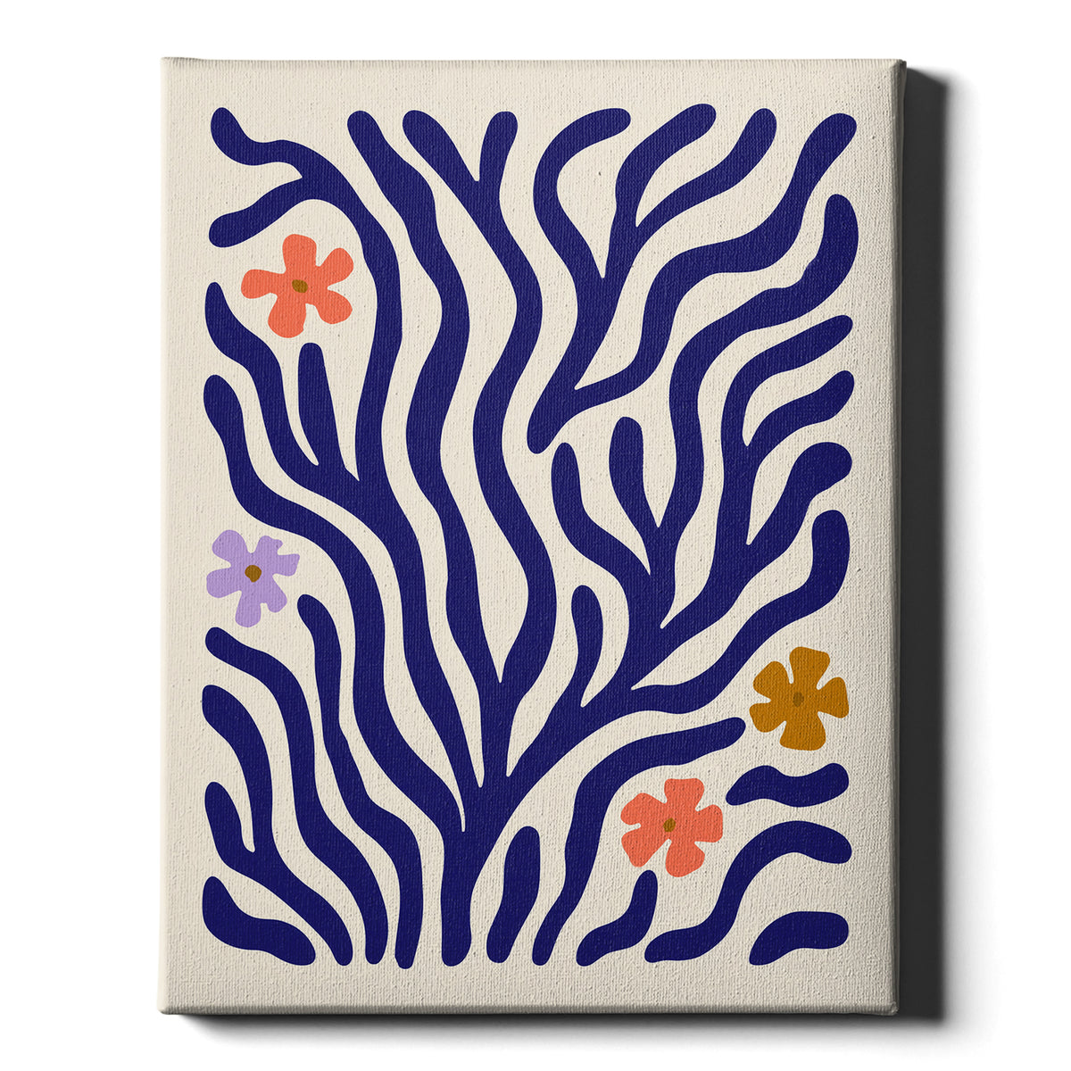 Wildflower Coral botanical print, cobalt branches with small flowers, on wrapped canvas