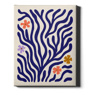 Wildflower Coral botanical print, cobalt branches with small flowers, on wrapped canvas