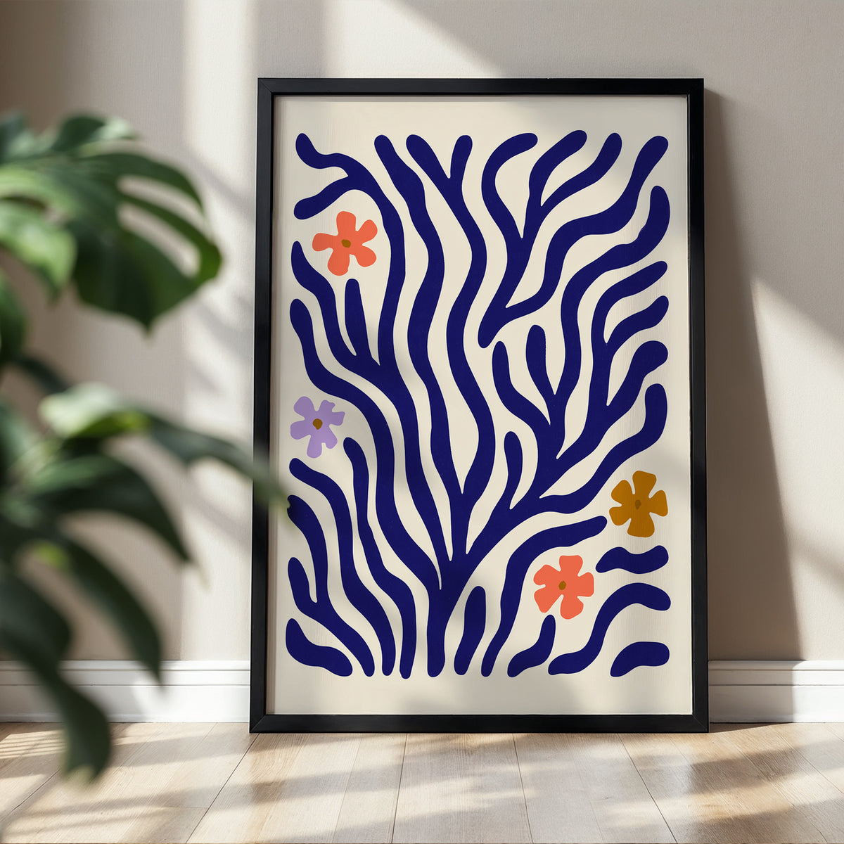 Wildflower Coral botanical print, cobalt branches with small flowers, shown in a room