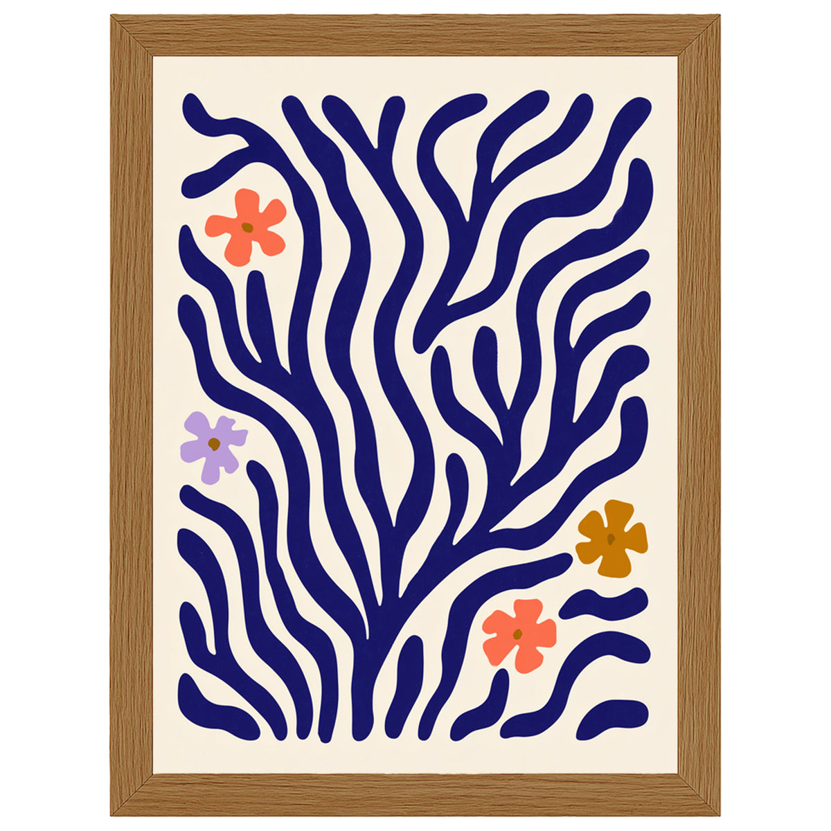 Wildflower Coral botanical print, cobalt branches with small flowers, in an oak-effect frame