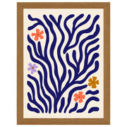 Wildflower Coral botanical print, cobalt branches with small flowers, in an oak-effect frame