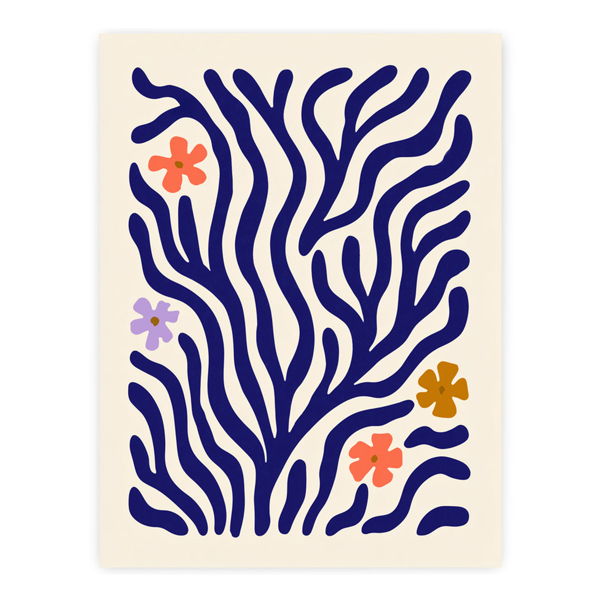 Wildflower Coral botanical print, cobalt branches with small flowers, unframed print