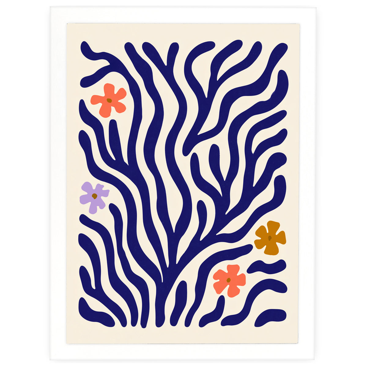 Wildflower Coral botanical print, cobalt branches with small flowers, in a white frame