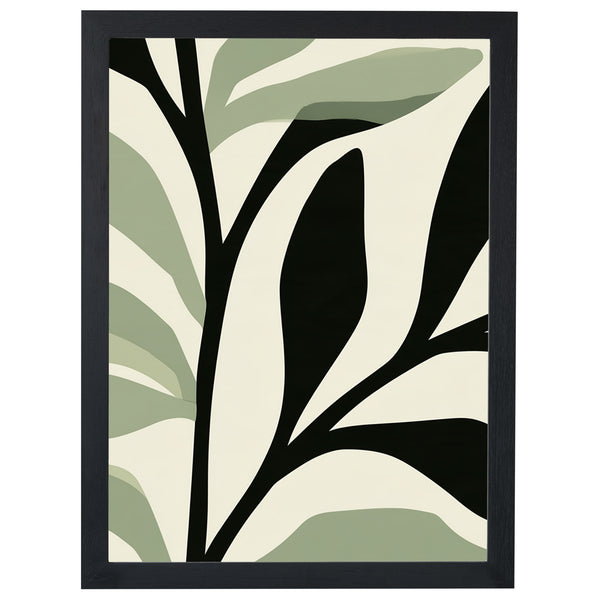 Olive Rise botanical print, black branch over sage leaves, in a black frame