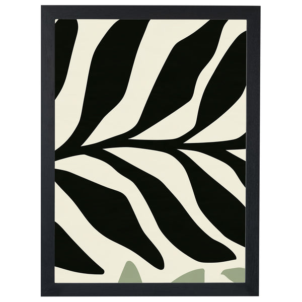 Midnight Fern botanical print, black fern-like leaves on cream, in a black frame