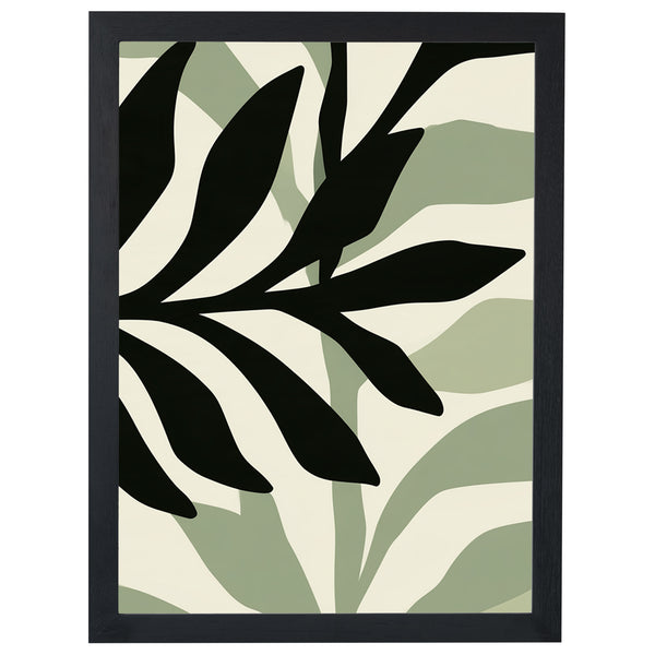 Woodland Layers botanical print, black leaves over sage green, in a black frame