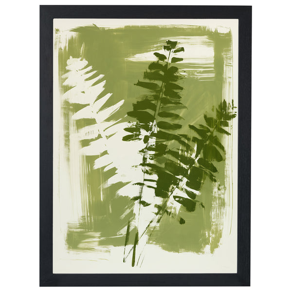 Verdant Layers fern print, layered ferns over olive and sage, in a black frame