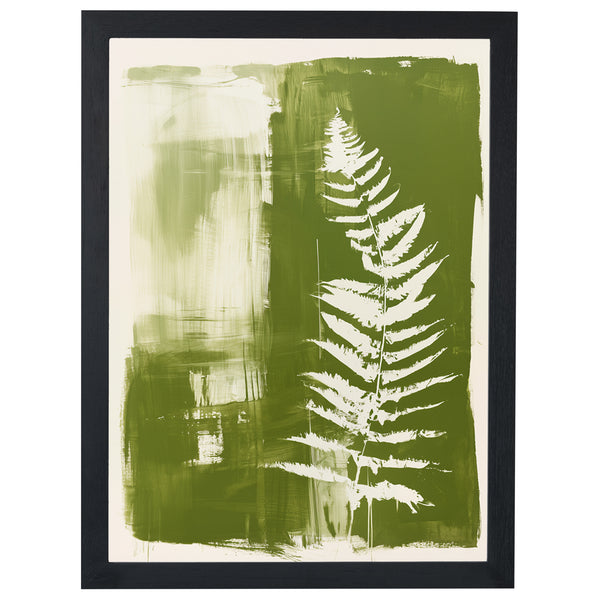Fern in Negative print, cream fern on olive green, in a black frame
