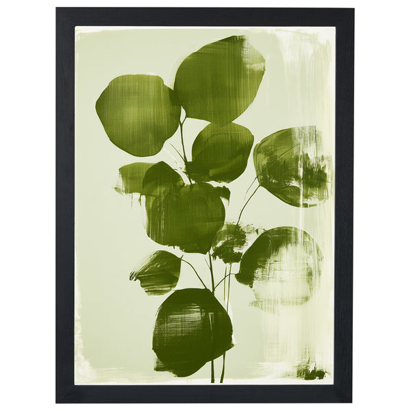 Olive Leaves botanical print, rounded olive green leaves, in a black frame