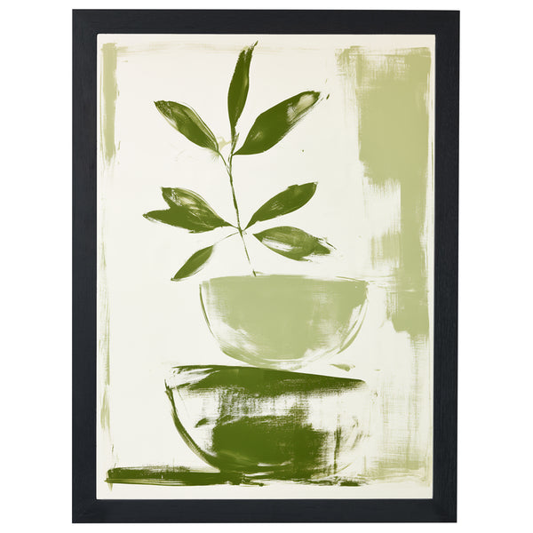 Gentle Growth botanical print, leafy plant in a pot, in a black frame