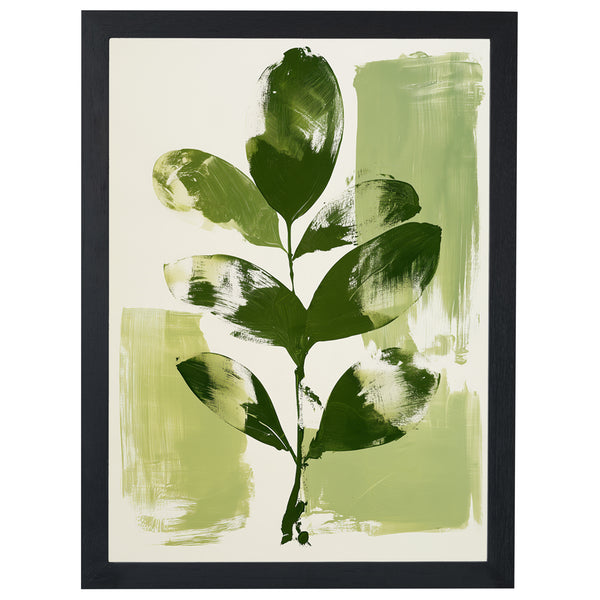 Verdant Study botanical print, leafy stem in olive and forest green, in a black frame