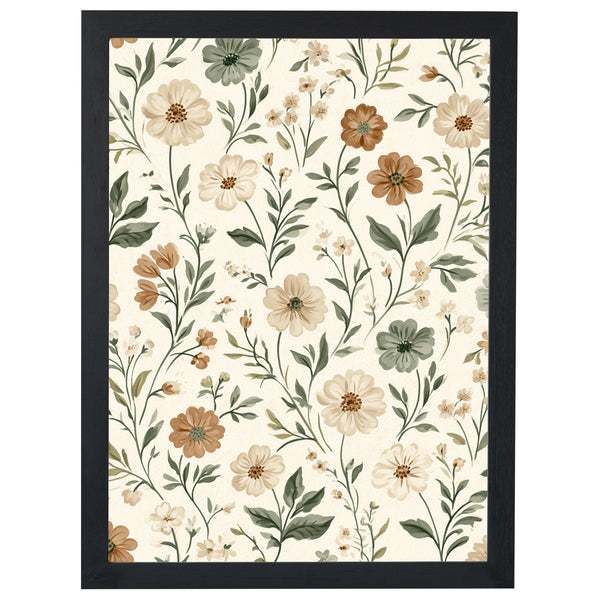 Cottage Blooms wildflower print, scattered small flowers on cream, in a black frame