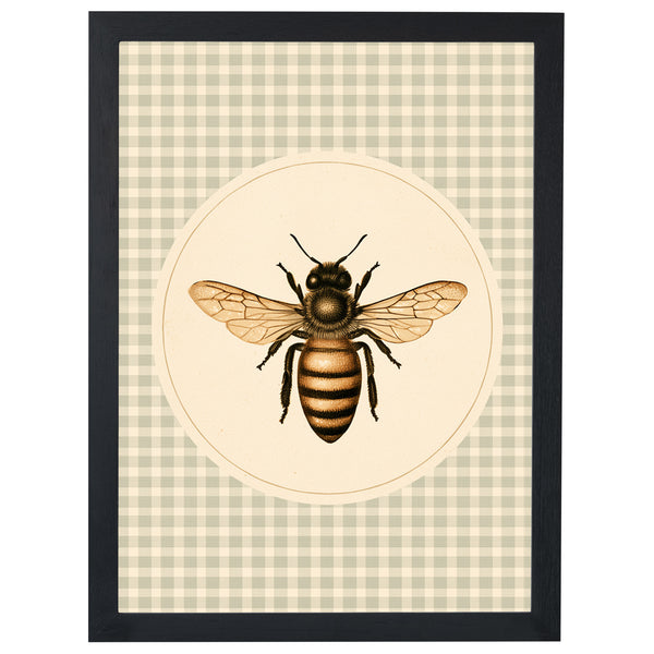 The Honeybee print, honeybee in a cream circle on beige check, in a black frame