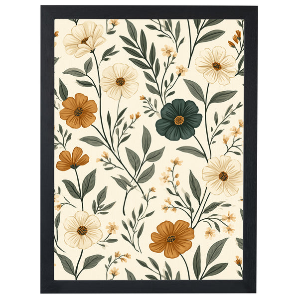 Wildflower Meadow print, scattered meadow flowers on cream, in a black frame