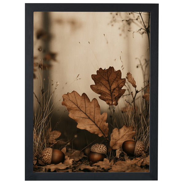 Fallen Acorns autumn print, acorns and oak leaves in warm browns, in a black frame