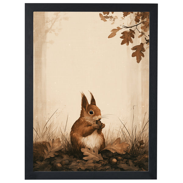Woodland Gathering autumn print, red squirrel holding an acorn, in a black frame