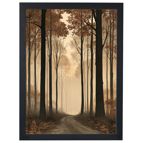 Into the Woods autumn print, misty forest path between tall trees, in a black frame