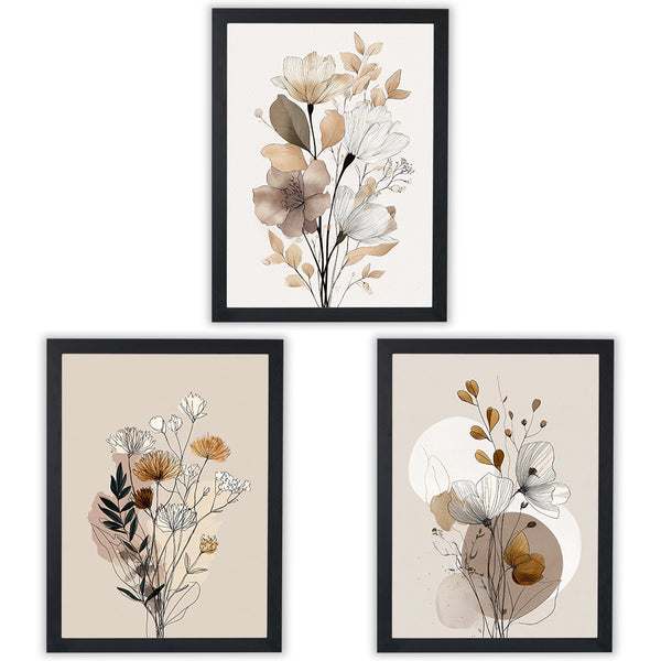 Autumn Bloom set of 3 prints, neutral line-drawn flower bouquets in beige, taupe and cream, black frame