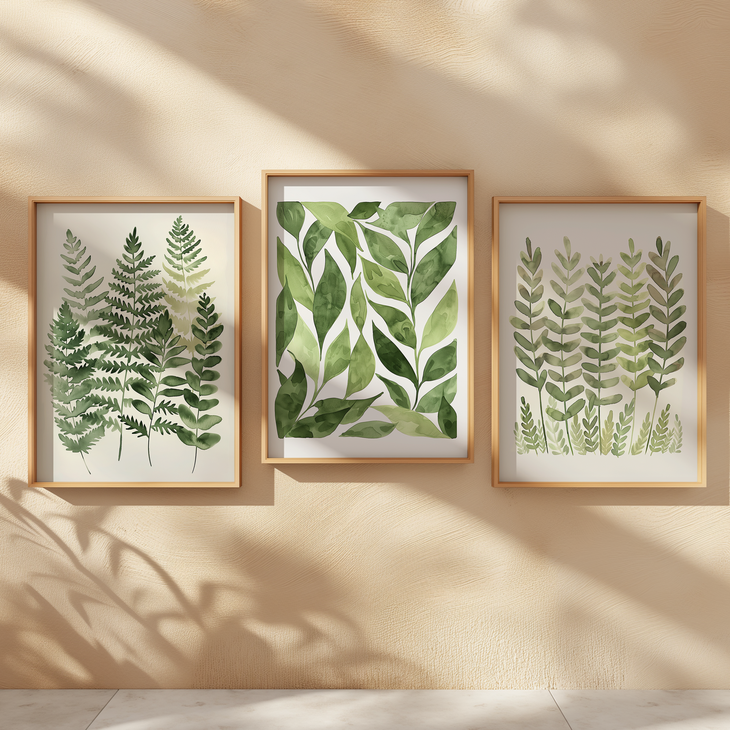 Three framed botanical prints featuring green fern and leafy plant illustrations displayed on a textured beige wall with natural sunlight and shadow patterns.