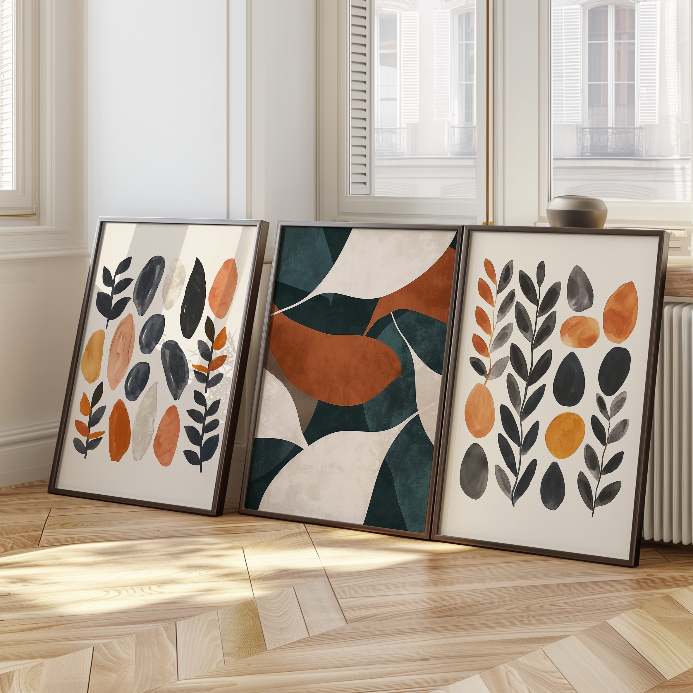 Three framed botanical and abstract wall art prints with leaf and mosaic shapes in warm earthy tones and deep green, displayed on a wooden floor in natural light.