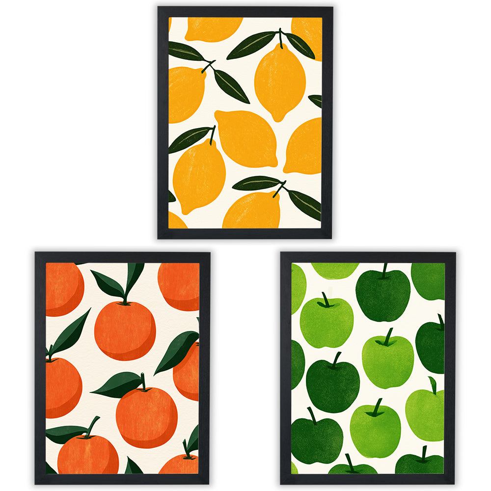Market Fruits Set of 3 Prints showcasing colourful fruit illustrations in yellow, orange and green - Black Frame