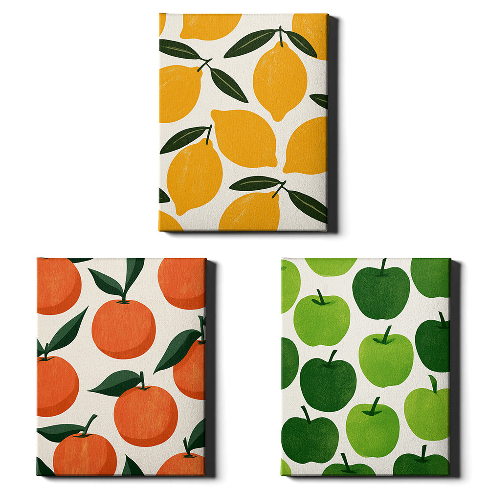 Market Fruits Set of 3 Prints showcasing colourful fruit illustrations in yellow, orange and green - Wrapped Canvas