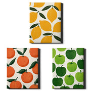 Market Fruits Set of 3 Prints showcasing colourful fruit illustrations in yellow, orange and green - Wrapped Canvas