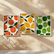 Market Fruits Set of 3 Prints featuring lemons, oranges and green apples in a playful illustrated style